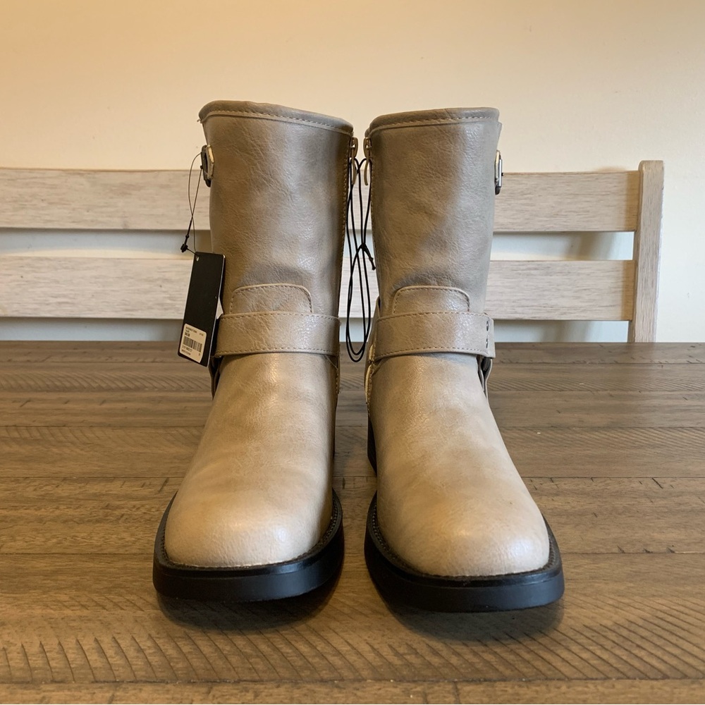 Forever 21 Taupe Mid-Calf Moto Boots with Buckle Detail